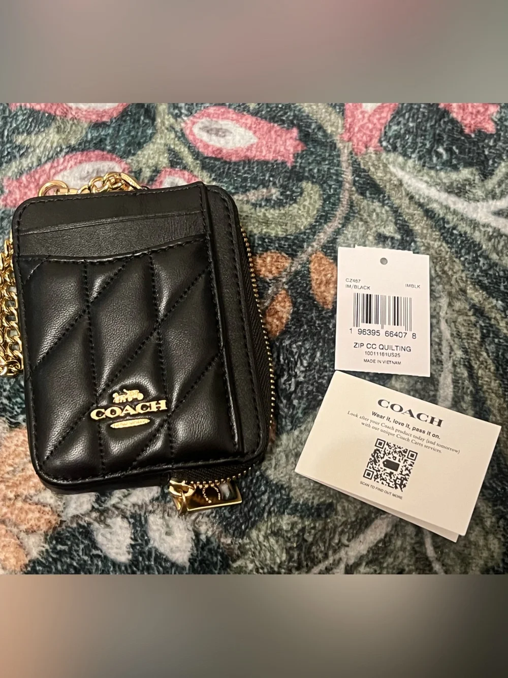 Coach Black Quilted Leather Card Holder with Gold Chain